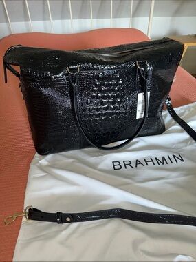 NWT! Brahmin Duxbury Black Croc-Embossed Leather Weekender Tote